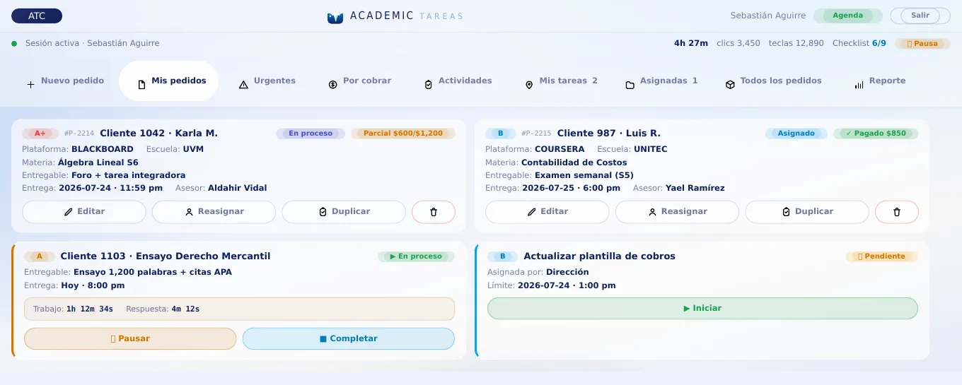Pantalla de registro de pedidos